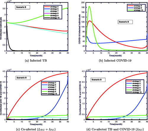 Figure 6. The dynamics of infected TB, infected COVID-19 and the coinfection of TB and COVID-19 individuals, with applying two of the control strategies.