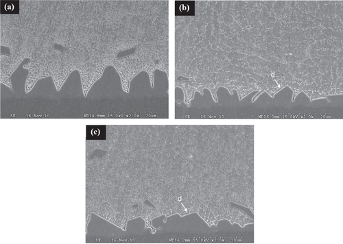 Figure 10. Cross sectional SEM micrographs of (a) SAC/Cu, (b) SAC–0.5Al2O3/Cu and (c) SAC–1.0Al2O3/Cu joint interfaces after eight cycles of reflowing. Adapted from Tsao et al [Citation35], copyright 2013, with permission from Elsevier.