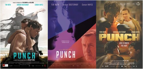 Figure 1. Posters for the Australasian, European and American releases of Punch in October 2022; November 2022, and April 2023 respectively Ings, Citation2022a. A trailer for the film is available at https://www.youtube.com/watch?v = FSnrEUFomVc The movie is available on multiple platforms including Google Play at: https://play.google.com/store/movies/details/Punch?id = cocDrK8SupU.P&hl = en&gl = US