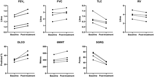 Figure 2 Individual results at baseline and 3 months after the bronchoscopic silicone plug placement.