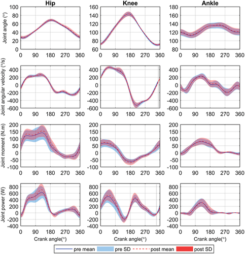 Figure 3. Joint angles, angular velocities, moments and powers for sprints at 135 rpm: pre- and post-strength training intervention. Areas of the graph is shaded grey where the SPM is significant (P < 0.05). For ease of presenting the data, the thigh angle and angular velocity are presented as Hip angle and angular velocity.