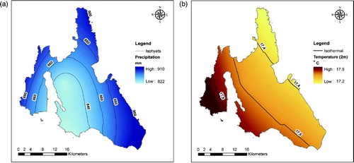 Figure 3. (a) Isohyet and (b) isothermal maps of Cephalonia Island based on the European Centre for Medium-Range Weather Forecasts (ECMWF) gridded analyses. Mean annual temperatures refer to the period from 1990 to 2007 while mean values for precipitation refer to the period from 1980 to 2001 (CitationKatsafados et al., 2012).