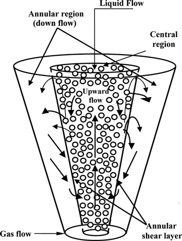 Fig. 1 The flow behavior in the tapered bubble column scrubber with circular cross-section for gas (air diluted SO2)-liquid (water/dilute NaOH) two phase mixture.