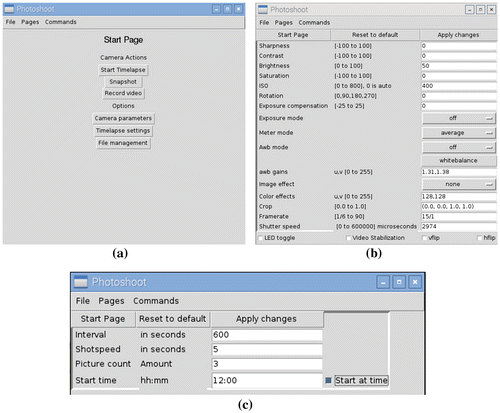 Figure 2. Print screens of the developed program for the Raspberry Pi camera control: (a) main page with the menu; (b) camera parameters settings; (c) time laps settings.
