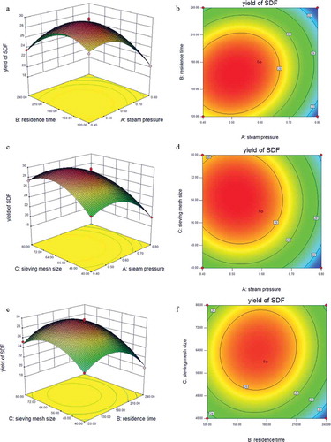 Figure 1. Response surface plot and contour plot showing the effects of the variables on the yield of SDF. Three independent variables set were steam pressure, residence time and sieving mesh size.Figura 1. Gráfico de superficie de respuesta y gráfico de contorno que indican los efectos de las variables en el rendimiento de la FDS. Las tres variables independientes seleccionadas son presión del vapor, tiempo de residencia y medida de malla de cribado.