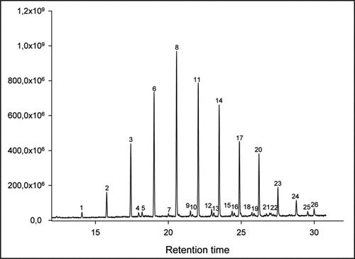 Figure 2 Chromatogram of footprint extract from caterpillars of Spodoptera frugiperda. (1) n-heneicosane (nC21), (2) n-docosane (nC22), (3) n-tricosane (nC23), (4) unknown, (5) unknown, (6) n-tetracosane (nC24), (7) 4-methyl tetracosane (4MeC24), (8) n-pentacosane (nC25), (9) 4-methyl pentacosane (4MeC25), (10) 3-methyl pentacosane (3MeC25), (11) n-hexacosane (nC26), (12) 4-methyl hexacosane (4MeC26), (13) 3-methyl hexacosane (3MeC26), (14) n-heptacosane (nC27), (15) 4-methyl heptacosane (4MeC27), (16) 3-methyl heptacosane (3MeC27), (17) n-octacosane (nC28), (18) 4-methyl octacosane (4MeC28), (19) 3-methyl octacosane (3MeC28), (20) n-nonacosane (nC29), (21) unknown, (22) unknown, (23) n-triacontane (nC30), (24) n-hentriacontane (nC31), (25) unknown, (26) n-dotriacontane (nC32).