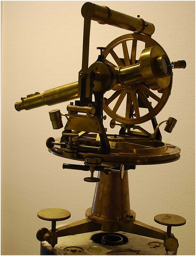Fig. 3. Theodolite by Ertel, acquired by the Geographical Survey of Norway in 1827 for the coastal survey; the 20 cm horizontal circle is divided into 10 arcminutes and may be read using verniers to 10 arcseconds; the 16 cm vertical circle was added in 1873 (Courtesy of the Museum of the Norwegian Mapping Authority)