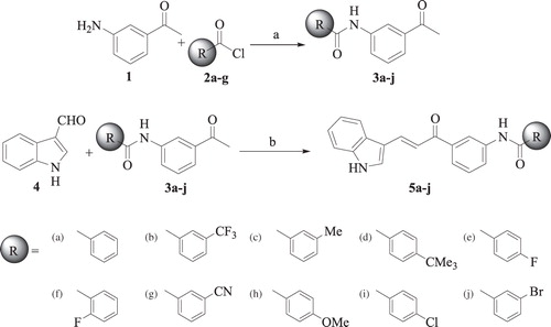 Scheme 1. Synthetic route of asymmetrical indole curcumin analogs: (a) NaOH, EtOH, 80 °C and (b) 40% NaOH, EtOH, RT.