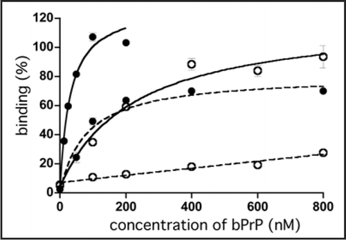 Figure 1 Binding of apt #1 to bPrP and bPrP-β. Binding curves of apt #1 to bPrP and bPrP-β are shown by closed circles and open circles, respectively. Solid and dashed lines represent different buffer conditions: 10 mM K+ and 100 mM Na+, respectively. The binding data are analyzed by GraphPad PRISM (see Materials and Methods).