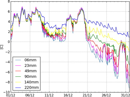 Fig. 2 Water temperature records at fixed depths from the surface at Cabauw (The Netherlands) during December 1996.