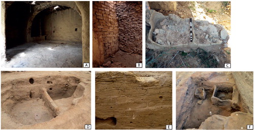 Fig. 1. A: Al Ma’tan building with niches and partitions; B: Al Ma’tan mudbrick wall; C: Al Ma’tan storage features; D: WF16, Jordan, Neolithic building with niches and partition; E: Çatalhöyük, Turkey Neolithic building with mudbricks; F: Çatalhöyük, Turkey, Neolithic building with storage features. Photographs by the INEA team and by kind permission of Steve Mithen and Bill Finlayson (WF16) and Eleni Asouti for Çatalhöyük.
