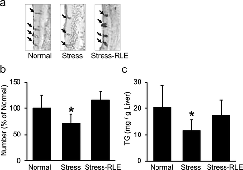 Figure 1. Effects of RLE on the number of intestinal goblet cells and concentration of hepatic triglycerides in restraint-stressed BALB/c mice.