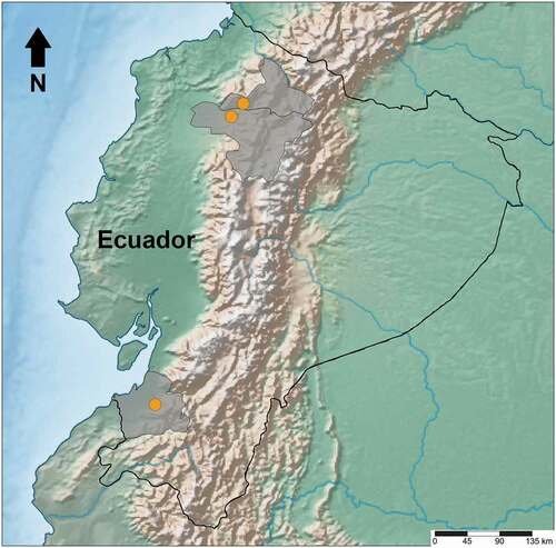 Figura 5. Mapa de distribución de Vanilla oroana. En gris se resaltan las provincias de Imbabura, Pichincha y El Oro