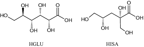 Figure 1. Chemical formula of gluconic acid (HGLU) and isosaccharinic acid (HISA).