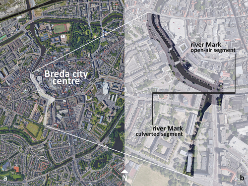 Figure 2. The intervention area of the GreenQuays project: location of the stretch of the river Mark within the city centre of Breda, the Netherlands (a); the open-air and culverted segments of the river Mark (b).
