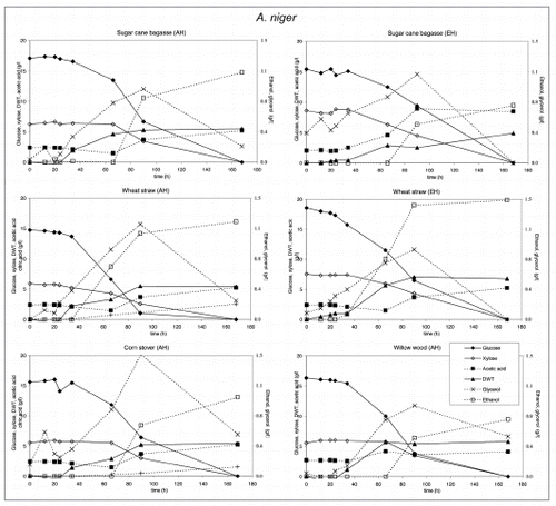 Figure 4 Substrate utilization and product production performance of A. niger on sugar cane bagasse (AH), wheat straw (AH), corn stover (AH), glycerol, wheat straw (EH), sugar cane bagasse (EH) and willow wood (AH).