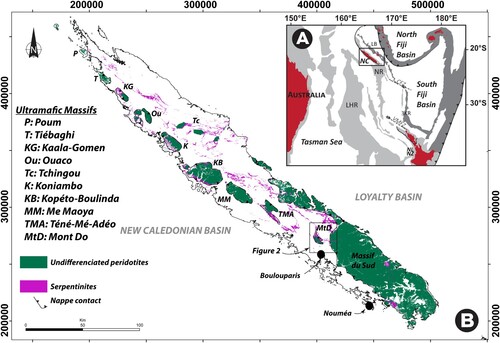 Figure 1. Simplified structural map of Grande-Terre (main island of New Caledonia) showing the distribution of the ultrabasic formations. Geological map reference: metadata, can be viewed online at the portal https://georep.nc. This online geographical information system includes the availability of, and progress on, New Caledonia geological maps.