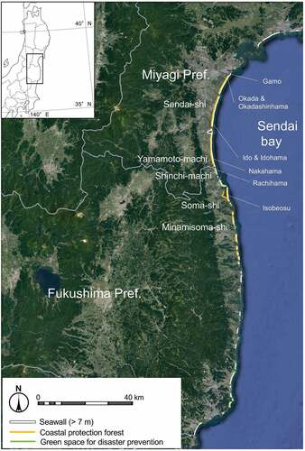 Figure 1. Locations of coastal protection facilities against tsunamis in Pacific side of southern Tohoku district, Japan, after GEJE. Small green spaces for disaster prevention in Miyagi Prefecture are omitted. Many seawalls are scattered on lowland in rias coast lines in Pacific side of northern Tohoku district. Satellite image on December 14 2015 by Google Earth was downloaded on August 28 2020.