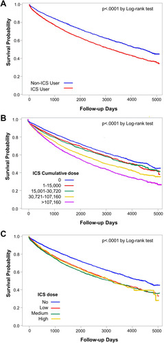 Figure 2 Survival analysis of the development of pneumonia using Kaplan–Meier curve according to the use of inhaled corticosteroid (ICS) (A), cumulative dose of ICS (B), and daily dose of ICS (C).