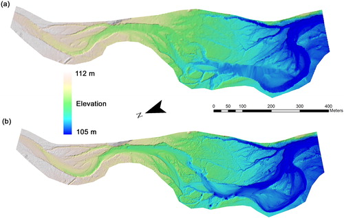 Figure 5. DEM of the New Haven River produced from (a) 2012 ALS survey and (b) 2017 UAS survey. Source: Author