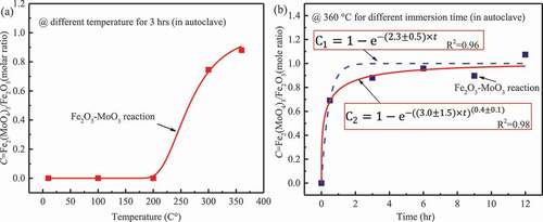 Figure 6. The molar ratio of Fe2(MoO4)3/Fe2O3 as a function of the immersion (a) temperature and (b) time.