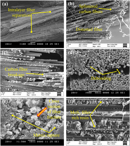 Figure 12. (a-f) Scanning electron micrographs of tensile tested 8MoS2-CFEC.