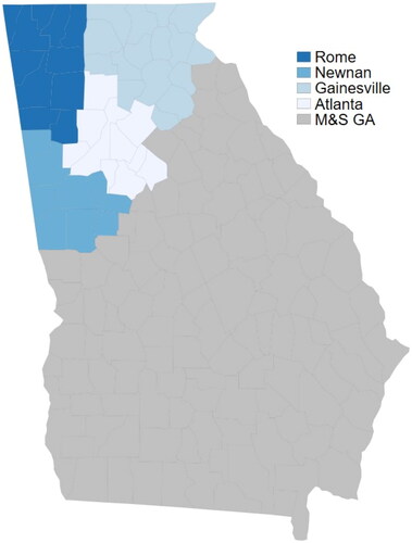 Figure 1. Northern District of Georgia. Notes: This figure shows the cities in the Northern District of Georgia (NDGA), where we have fee-exemption access to personal bankruptcy data. The district includes four cities: Atlanta, Rome, Newnan, and Gainesville. The gray area denotes the middle and southern districts of Georgia.