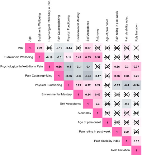Figure 1. Bivariate correlations between key study variables. Pink represents positive correlations and grey represents negative correlations. Non-significant correlations are crossed out.