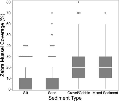 Figure 3. Zebra Mussel coverage in different sediment types from 0.25 m2 quadrats.