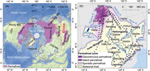 Figure 2. Map of permafrost types in Northeast China and its location in permafrost regions in the Northern Hemisphere.