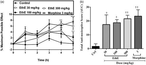 Figure 1. Effect of pretreatment of rats with EthE (30–300 mg/kg, p.o.) and morphine (3 mg/kg, i.p.) on TNF-α-induced hypernociception. Each datum represents the mean of five animals and the error bars indicate SEM. The symbols * and † indicate significance levels compared to respective control groups: (a) represent the time-course curves ***p < 0.001, **p < 0.01 (two-way ANOVA followed by Bonferroni’s post hoc test), whereas (b) represents total anti-nociceptive effects (AUC) ††p < 0.01 and †p < 0.05 (one-way ANOVA followed by Newman–Keuls post hoc test).