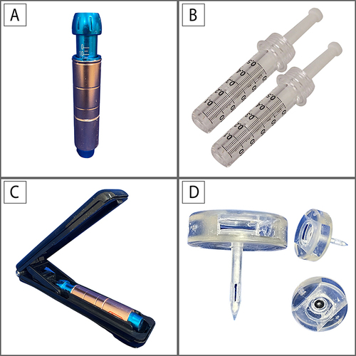 Figure 2 Spring-powered NFI device. Injector body (A). Nozzle (B) drug delivery disposable sterile medication cartridge. Reset box (C) for charging the injector. Adapter (D) for filling nozzle from vial.