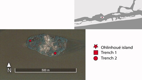 Figure 3. Ohlinhoué island, near Avloh, Bénin, showing the locations of Trenches 1 and 2.
