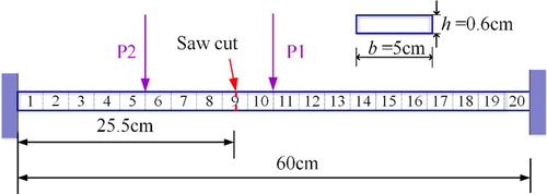 Figure 11. Geometry and finite element model of the cracked beam with two-fixed ends.