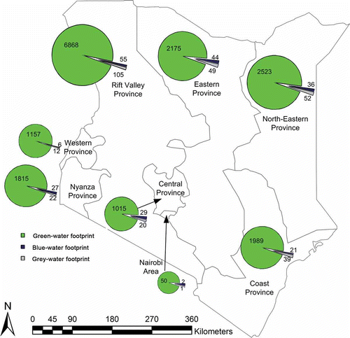 Figure 2. Green-, blue- and grey-water footprint related to crop production per province, 1996–2005, in million m3/y.