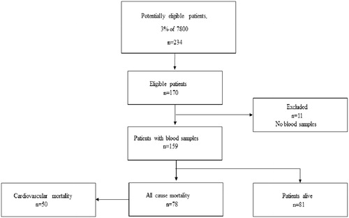 Figure 1. Flowchart of 234 potentially eligible and 170 eligible patients, of whom 159 had blood samples for analysis. All 159 patients had a 10-year follow-up (median: 7.6 years).