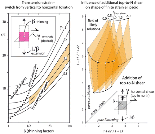 Figure 9. Transtension strain modeling showing (left) the stability fields of horizontal and vertical foliation as a function of the thinning factor and increasing finite strain (field of likely solutions in gray); (right) field of likely solutions shifted by the addition of a top-to-N shear that simulates unroofing of the Barrovian sequence.