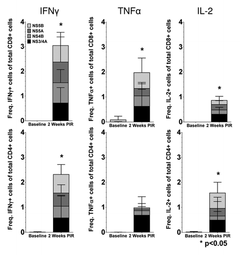 Figure 5. Cytokine production of HCV-specific T cells following immunization. Mean frequencies of cytokine-positive Th1 and CTL cells stacked by HCV antigen at 2 wk PIR compared with baseline (■, NS3/4A; ■, NS4B; ■, NS5A; ■, NS5B). Total responses were denoted as significant by paired Student t test, if responses to each individual antigen were significant (P < 0.05), as compared with baseline samples.
