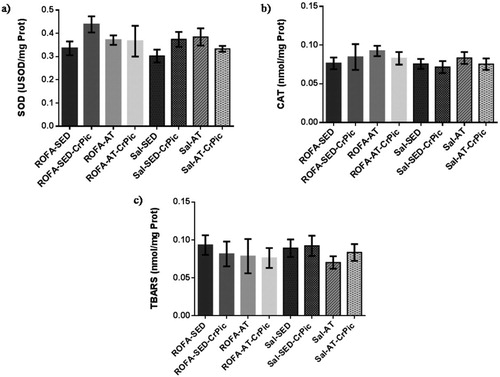 Figure 4. Oxidative stress in heart tissue after 12 weeks of chromium picolinate (CrPic) supplementation and aerobic exercise intervention in rats exposed to residual fly oil ash (ROFA). Analyses of (a) superoxide dismutase (SOD) activity in heart tissue; (b) catalase (CAT) activity in heart tissue and (c) thiobarbituric acid-reactive substance (TBARS) levels in heart tissue. Values presented as mean ± SD. Statistical analysis: one-way ANOVA followed by Tukey’s post hoc test. ROFA-SED, ROFA exposure and sedentary (n = 8); ROFA-SED-CrPic, ROFA exposure, sedentary and supplemented (n = 6); ROFA-AT, ROFA exposure and trained (n = 8); ROFA-AT-CrPic, ROFA exposure, supplemented and trained (n = 7); Sal-SED, sedentary (n = 8); Sal-SED-CrPic, sedentary and supplemented (n = 8); Sal-AT, trained (n = 8); Sal-AT-CrPic, supplemented and trained (n = 8).