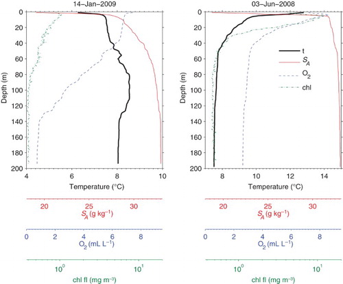 Fig. 3 Sarita station profiles in Trevor Channel during (left) winter and (right) summer.