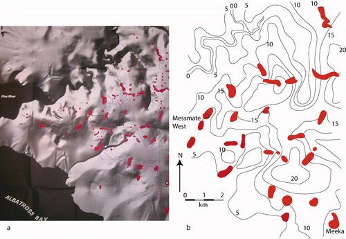 Figure 17 (a) Digital terrain model (with strong vertical exaggeration). (b) Contour map of the Andoom area showing topography and the distribution of redsoil.