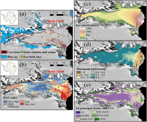 Figure 10. Crevasse and blue ice areas (a), HAS index (b), ice velocity (c), maximum buttressing (d) and strain rate (e) of the Amery ice shelf.