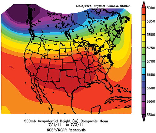 Figure 2. Mean geopotential height (m), using 20th century reanalysis version 2 data, for the period July 1–3, 2011. Figure courtesy of NOAA ESRL.