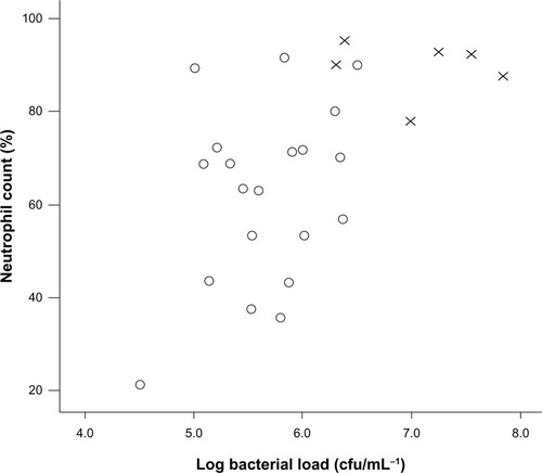Figure 2 Relationship between airway bacterial load and percentage neutrophil count at baseline.Notes: r=0.56; P=0.003.Abbreviations: O, nonsignificant growth; X, potentially pathogenic microorganisms.