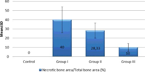 Figure 3. Evaluation of the ratio of necrotic bone area to the total bone area among the groups.
