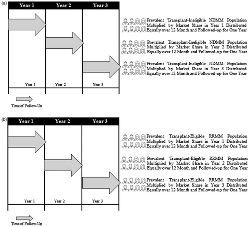 Figure 2. Transplant-ineligible NDMM patients flow chart (a) and transplant-eligible RRMM patients flow chart (b). Abbreviations. NDMM, newly diagnosed multiple myeloma; RRMM, relapsed refractory multiple myeloma.