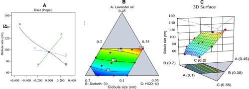 Figure 3. Main effect diagram (A), contour plot (B), and 3D surface plot (C) showing the effects of different independent variables on the droplet size of different ZP-LV-SNEDDS.