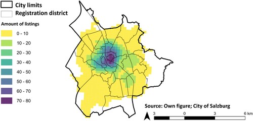Figure 2. Spatial distribution of Airbnb listings in the city of Salzburg. Source: Author's calculation and illustration.