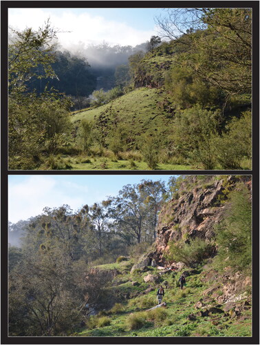 Figure 5. Millukmungee escarpment and slopes to the Buchan River, 18 May 2019. Top: Western end of the escarpment, showing site EB-6 (VAHR 8522-0021). Bottom: Millukmungee 1 (VAHR 8522-0027) at eastern end of the escarpment, excavation in progress (photos by Bruno David).