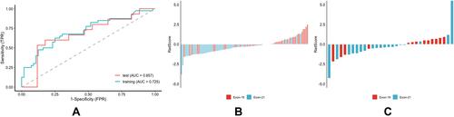 Figure 6 Performance of the predictor of EGFR mutation subtypes between exon 19 and exon 21. (A) ROC curve of the training cohort and validation cohort. (B) RadScore of the training cohort. (C) RadScore of the validation cohort.